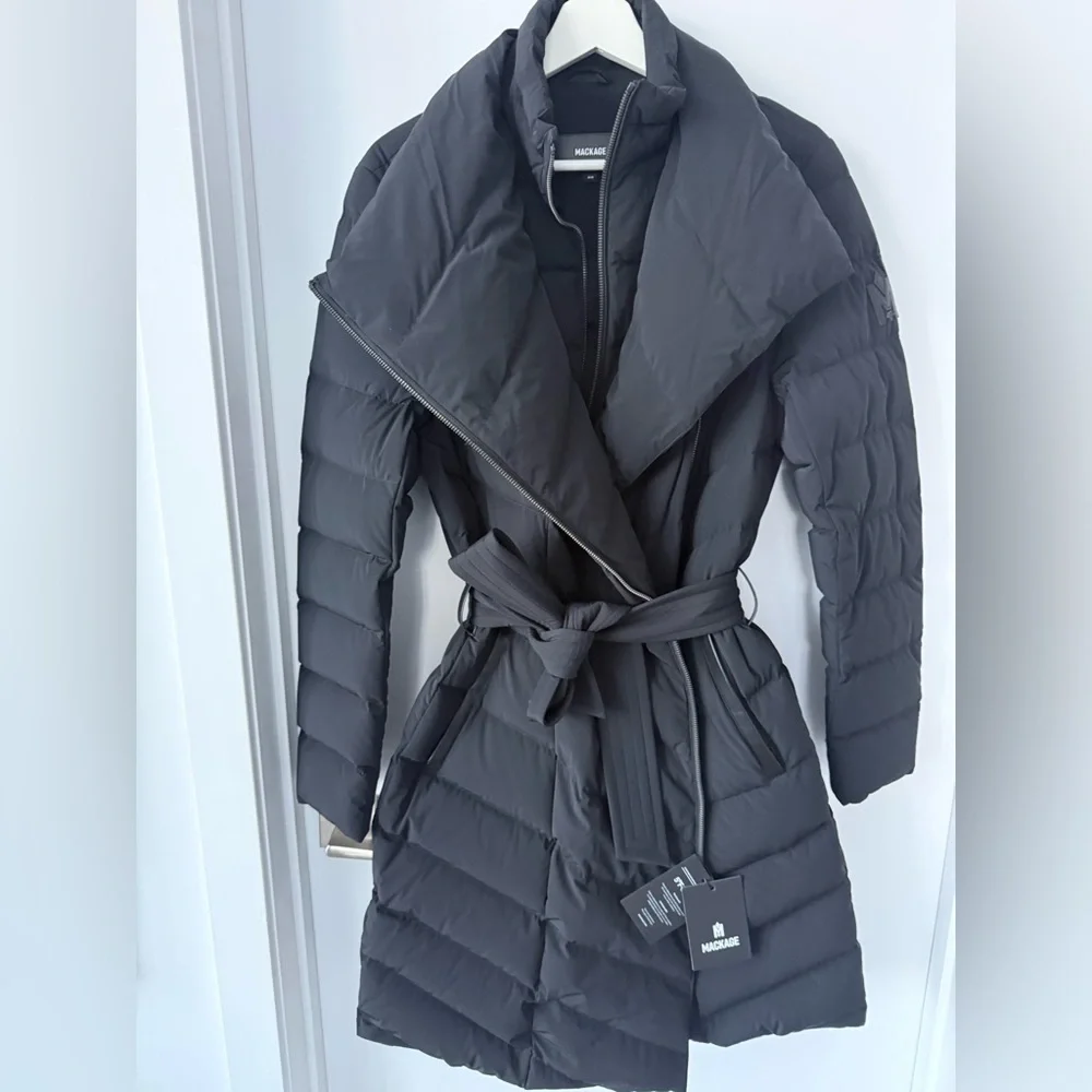 Mackage Black Quilted Belted Shawl-Collar Puffer Coat - Picture 3 of 5